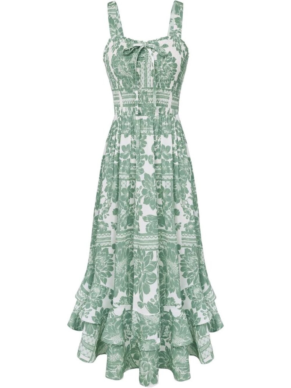 Women's White Green Square Neck Strapped A LINE Floral Boho Long Maxi Dress